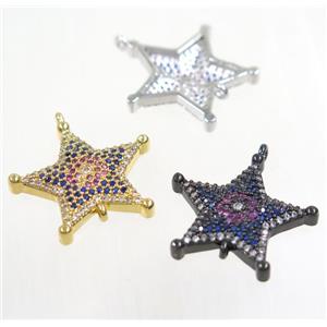 copper Star connector paved zircon, mix color, approx 20mm dia