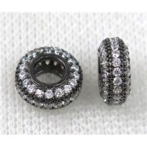 Copper bead paved zircon, rondelle, black plated, approx 10mm dia