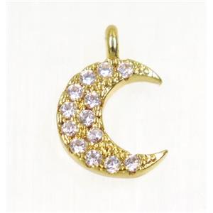 copper Crescent moon pendant paved zircon, gold plated, approx 8.5mm dia