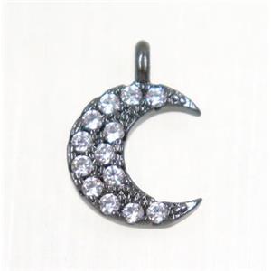 copper Crescent moon pendant paved zircon, black plated, approx 8.5mm dia