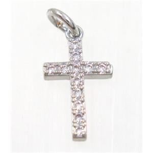 copper Cross pendant paved zircon, platinum plated, approx 9x14mm