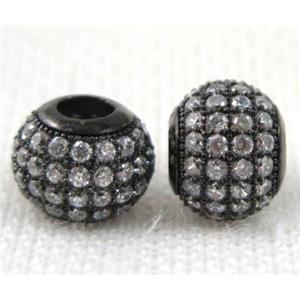 Copper bead paved zircon, round, black plated, approx 9x12mm