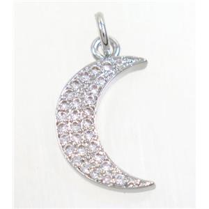 copper Moon pendant paved zircon, platinum plated, approx 10x16mm