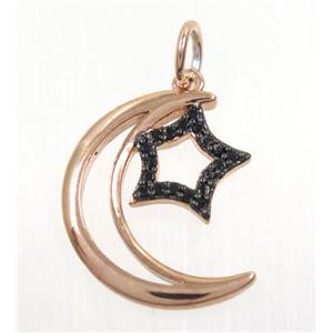 copper Moon pendant paved zircon with star, rose gold, approx 14x17mm