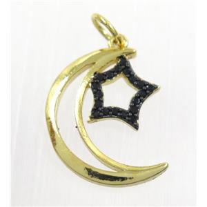 copper Moon pendant paved zircon with star, gold plated, approx 14x17mm