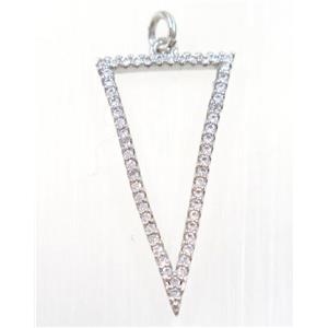 copper Triangle pendant paved zircon, platinum plated, approx 15x30mm