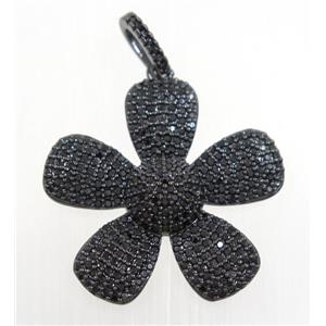 copper Flower pendant paved zircon, black plated, approx 28mm dia