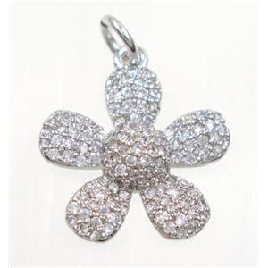 copper Flower pendant paved zircon, platinum plated, approx 16mm dia