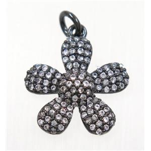 copper Flower pendant paved zircon, black plated, approx 16mm dia
