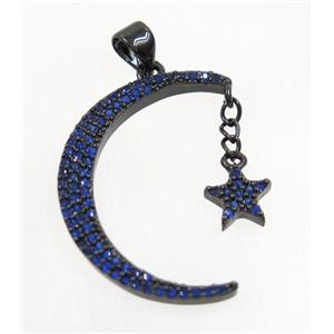 copper Crescent Moon pendant paved zircon with star, black plated, approx 20x27mm