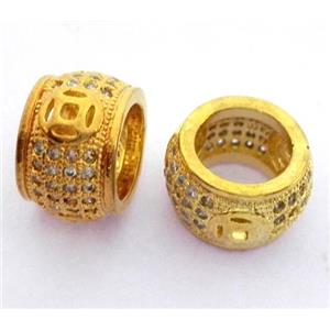 Copper bead paved zircon, rondelle, gold plated, approx 7x10mm