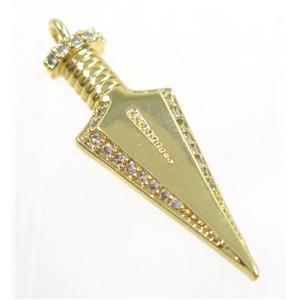 copper Arrowhead pendant paved zircon, gold plated, approx 10x30mm