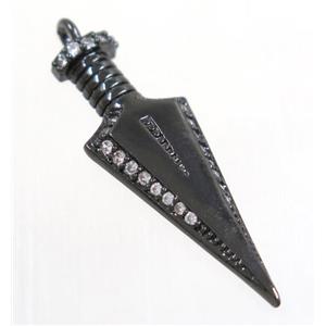 copper Arrowhead pendant paved zircon, black plated, approx 10x30mm