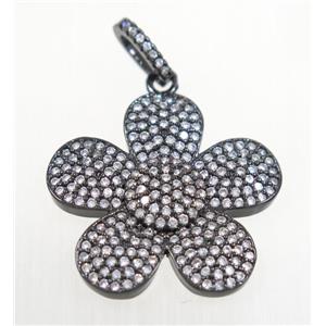 copper Flower pendant paved zircon, black plated, approx 24mm dia