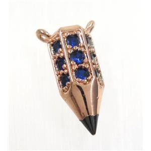 copper Arrowhead pendant paved blue zircon with 2loops, rose gold, approx 6.5x16mm