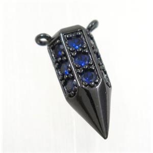 copper Arrowhead pendant paved blue zircon with 2loops, black plated, approx 6.5x16mm