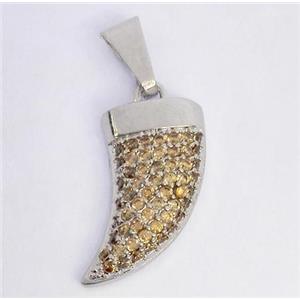Copper pendant paved zircon, cattle horn, platinum plated, approx 8x20mm