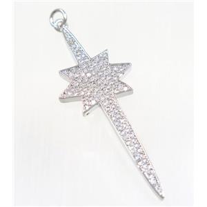 copper NorthStar pendant paved zircon, platinum plated, approx 18-50mm