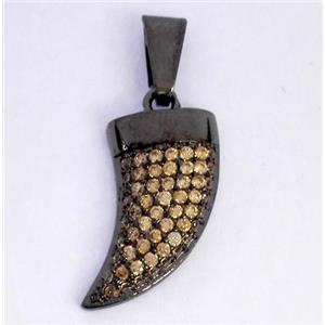 Copper pendant paved zircon, cattle horn, black plated, approx 8x20mm