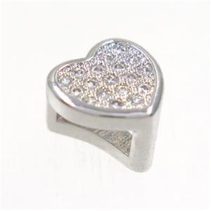 copper Heart bead paved zircon, platinum plated, approx 8-9mm