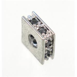 copper square bead paved zircon, platinum plated, approx 8x8mm