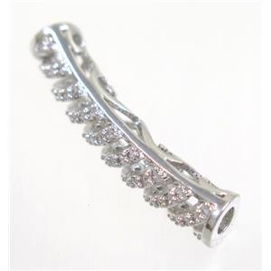 curving copper tube beads paved zircon, platinum plated, approx 5.5x30mm