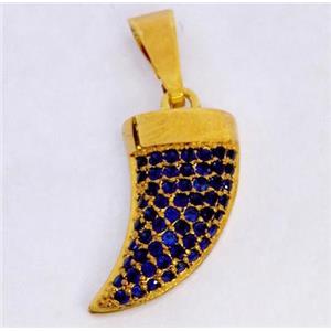 Copper pendant paved zircon, cattle horn, gold plated, approx 8x20mm