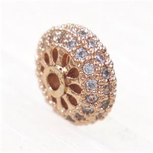 copper rondelle beads paved zircon, rose gold, approx 10mm dia