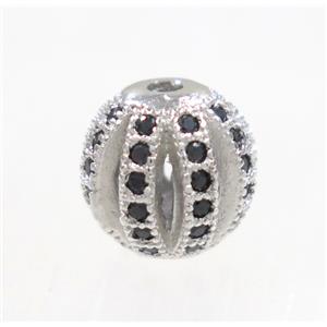 round Watermelon copper beads pave zircon, platinum plated, approx 10mm dia