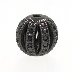 round Watermelon copper beads pave zircon, black plated, approx 10mm dia
