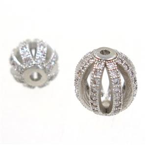 round Watermelon copper beads pave zircon, platinum plated, approx 8mm dia