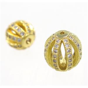 round Watermelon copper beads pave zircon, gold plated, approx 8mm dia