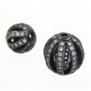 round Watermelon copper beads pave zircon, black plated, approx 10mm dia