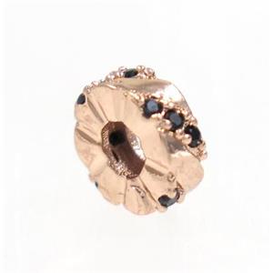copper rondelle beads paved zircon, rose gold, approx 7.5mm dia