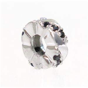 copper rondelle beads paved zircon, platinum plated, approx 7.5mm dia