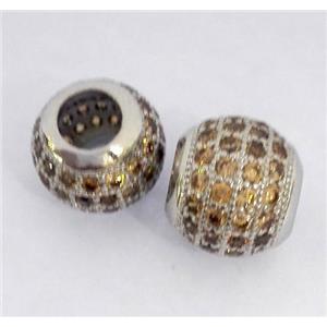 Copper bead paved zircon, round, platinum plated, approx 10x12mm, 6mm hole