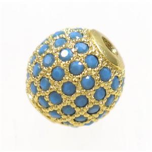 round copper beads paved zircon, gold plated, approx 12mm dia