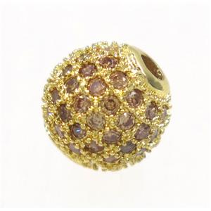 round copper beads paved zircon, gold plated, approx 6mm dia