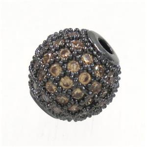 round copper beads paved zircon, black plated, approx 6mm dia