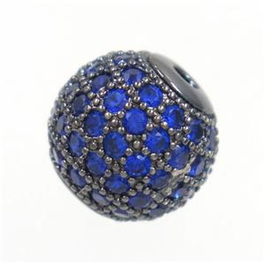 round copper beads paved blue zircon, black plated, approx 12mm dia