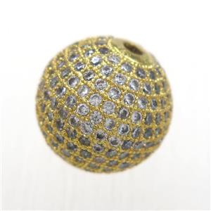 round copper beads paved zircon, gold plated, approx 12mm dia