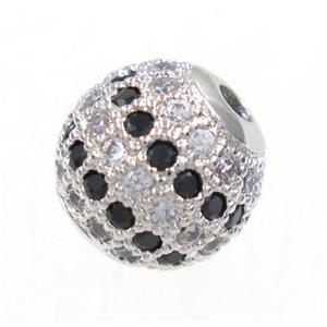 round copper bead paved zircon, platinum plated, approx 8mm dia