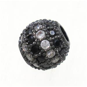 round copper bead paved zircon, black plated, approx 6mm dia