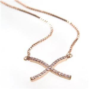 copper X necklace pave zircon, rose gold, approx 14x16mm, 44cm length