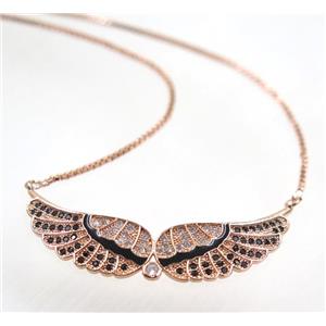 copper angel wing necklace pave zircon, rose gold, approx 15x40mm, 44cm length
