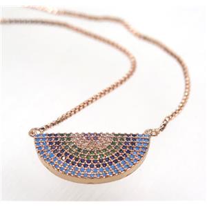 copper halfmoon necklace pave zircon, rose gold, approx 11x22mm, 44cm length