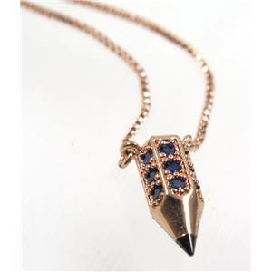 copper bullet necklace pave zircon, rose gold, approx 7x17mm, 44cm length