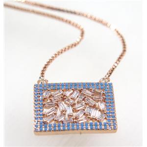 copper rectangle necklace pave zircon, rose gold, approx 16x21mm, 44cm length