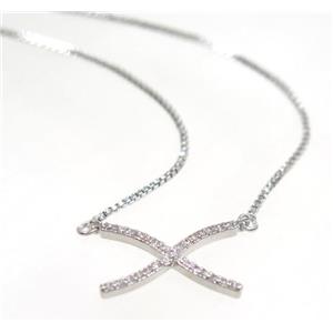 copper X necklace pave zircon, platinum plated, approx 13x18mm, 44cm length