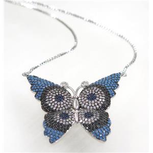 copper butterfly necklace pave zircon, platinum plated, approx 34-36mm, 44cm length